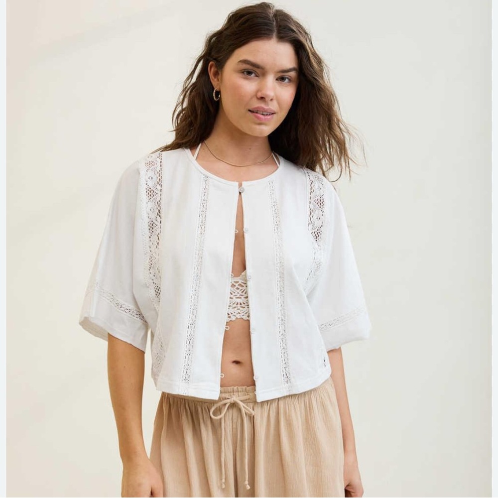 EUC Aerie White Crochet Lace Detail Cropped Short Sleeve Cardigan